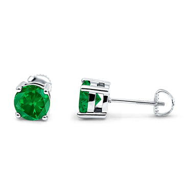 Solitaire Screw Back Stud Earring Brilliant Round Simulated Green Emerald CZ Solid 925 Sterling Silver